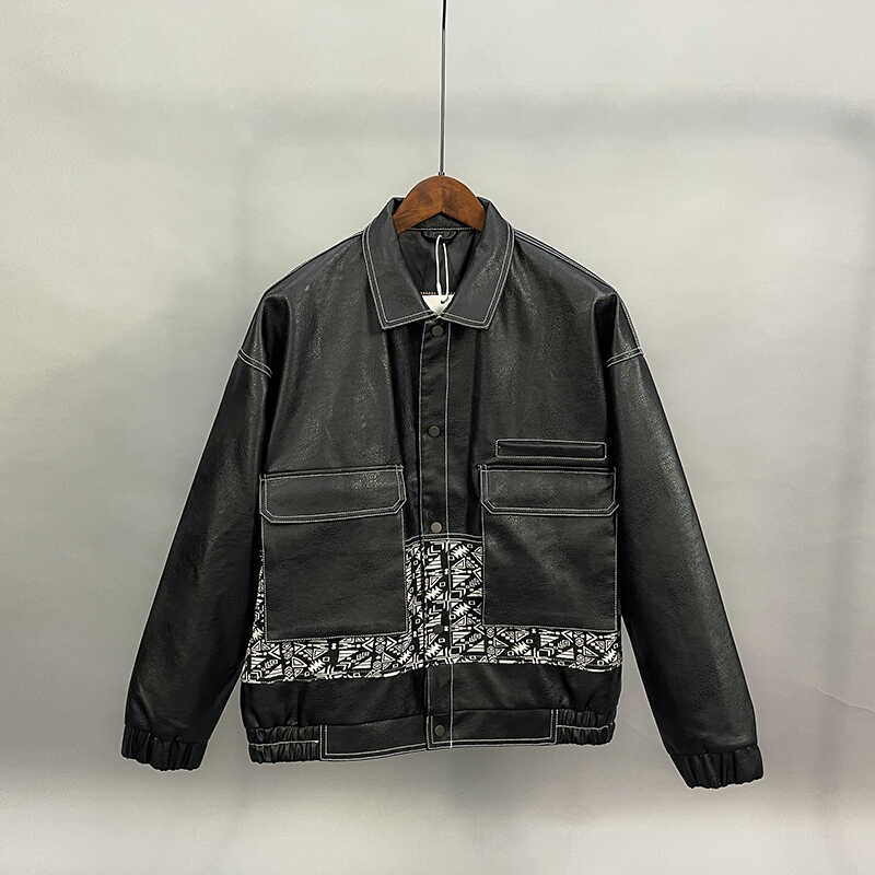 28155-P195新款男士翻领皮衣外套潮流拼接撞色休闲机车夹克上衣,男装夹克,星座1305