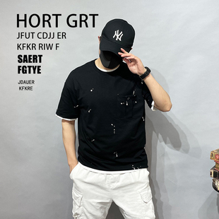 宽松油漆点短袖 T恤男纯棉爆款 大码 A8025p70控115男2021新潮牌工装