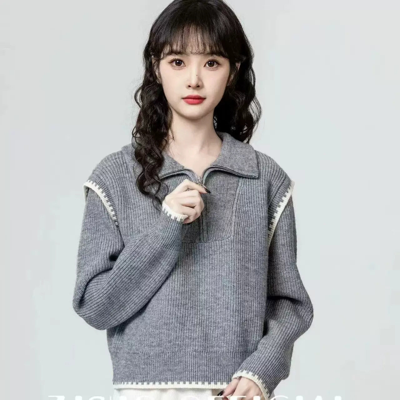 灰色半拉链高领毛衣女2026春秋季新款撞色加厚翻领针织衫短款上衣