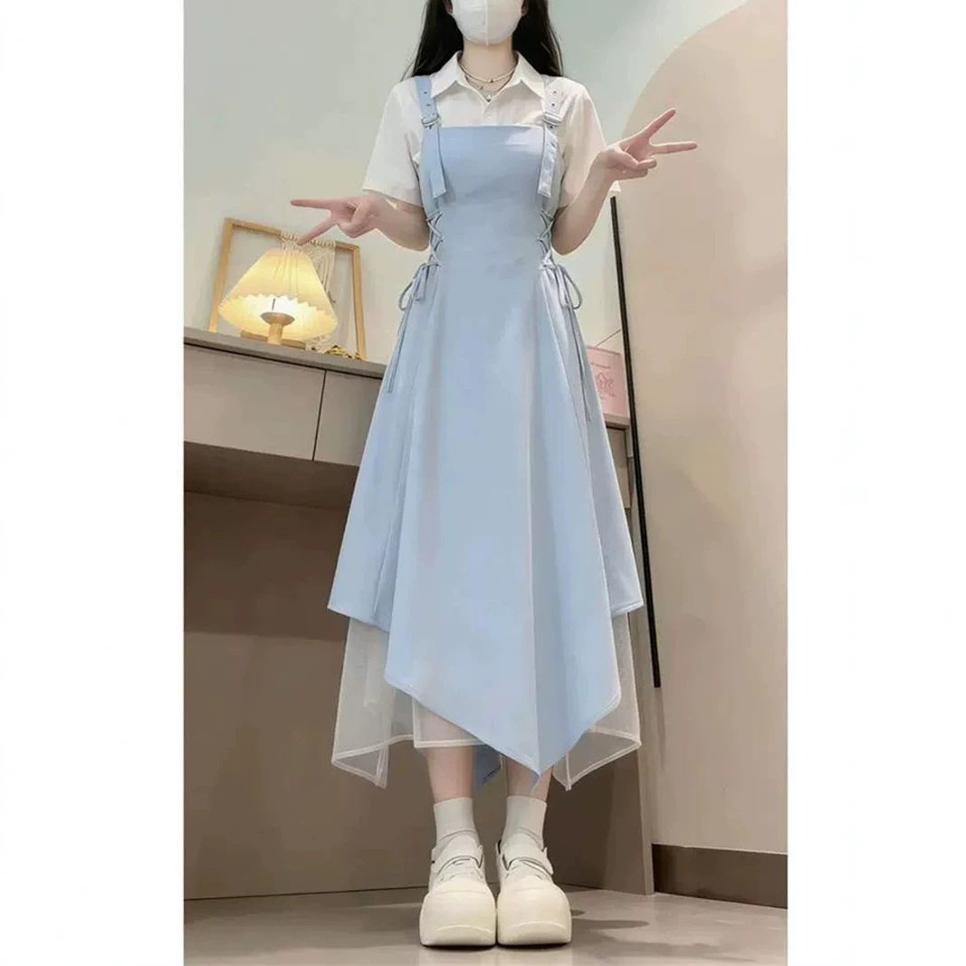 法式浅蓝色连衣裙女2026新款初夏绝美套装掐腰裙子不规则夏季长裙