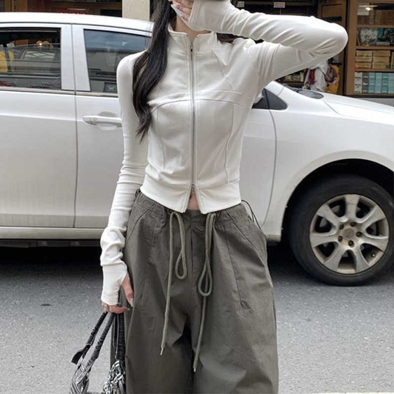 小众立领双拉链辣妹长袖T恤女装秋季美式别致白色开衫短款小上衣