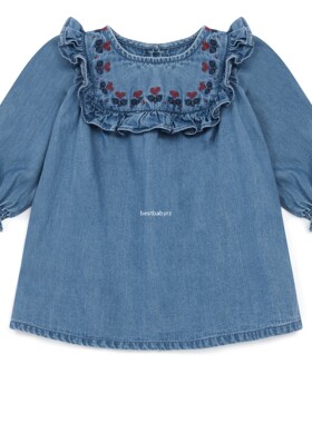 现货 BBRZ法国BONTON 女宝精致泡泡袖刺绣牛仔连衣裙