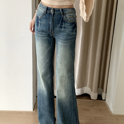 韩版做旧水洗复古低腰喇叭牛仔裤女秋冬新款显瘦辣妹加长拖地裤