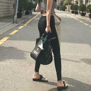 女士小脚口高弹力割破破洞铅笔裤牛仔裤瑜伽裤修身显瘦性感风长裤