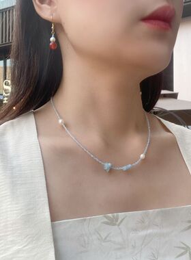 项链女极细2mm天然海蓝宝锁骨链高级感小众设计配饰淡水珍珠原创