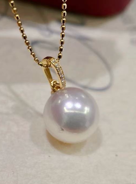 18k金钻石9-13mm天然珍珠diy吊坠配件简约百搭万能扣裸珠diy空托