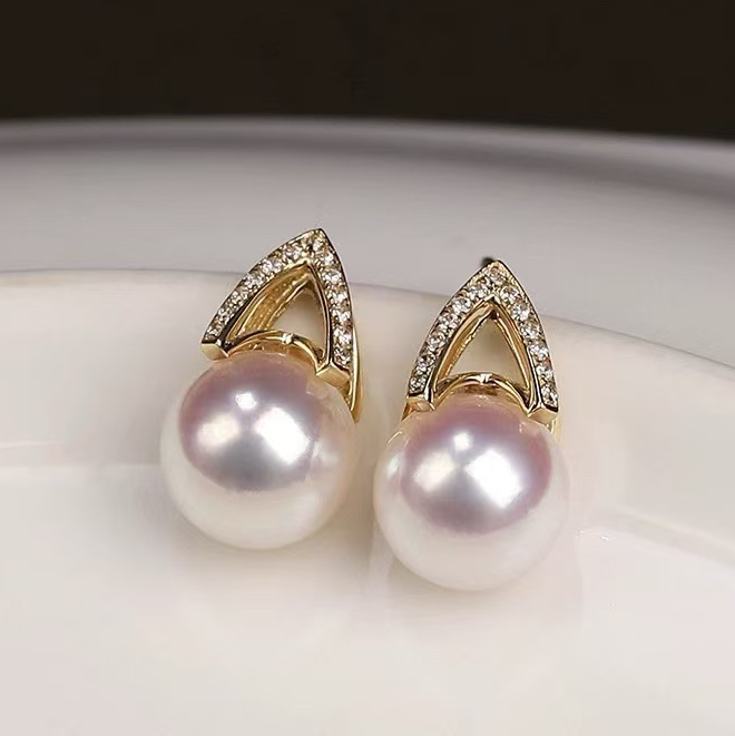 18k金锆石9-10mm淡水珍珠耳钉配件热巴热门款圆形裸珠diy耳饰空托