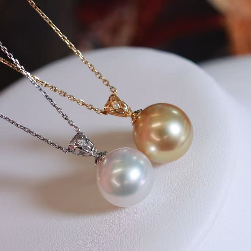 18k金钻石9-13mm天然珍珠diy配件镂空菱格百搭瓜子扣设计裸珠空托