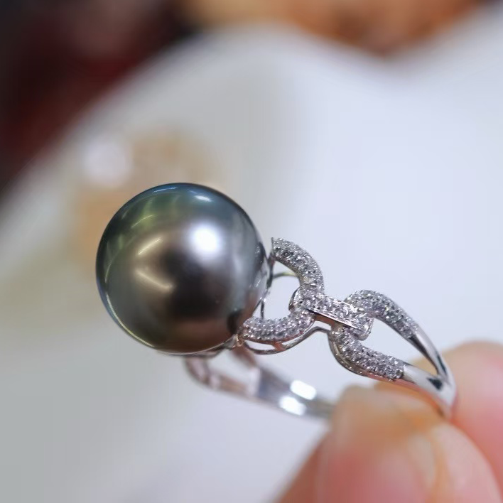 18k金锆石10-11mm淡水珍珠戒指配件链形戒臂设计裸珠diy戒托空托