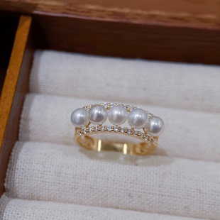 18k金锆石4-5mm淡水珍珠戒指配件时尚多珠排镶设计裸珠戒托空托