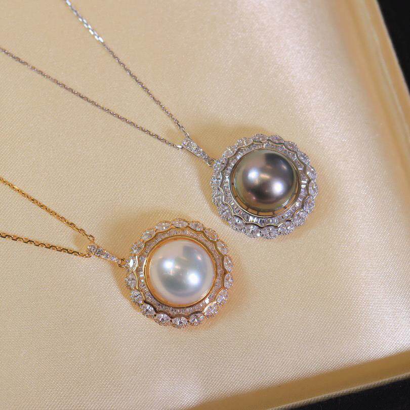 18k金锆石12-13mm海水珍珠吊坠配件厚金时尚大气圆形裸珠底托空托