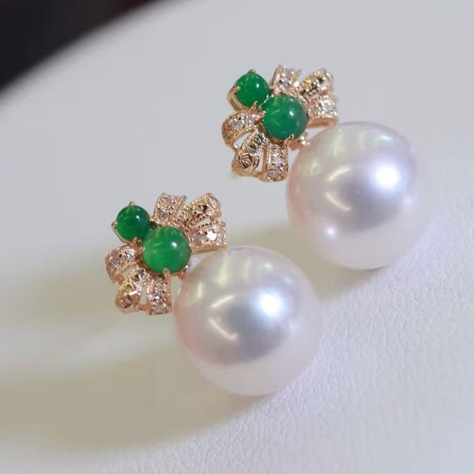18k金钻石翡翠8-10mm淡水珍珠耳钉配件复古风蝴蝶结裸珠耳钉空托