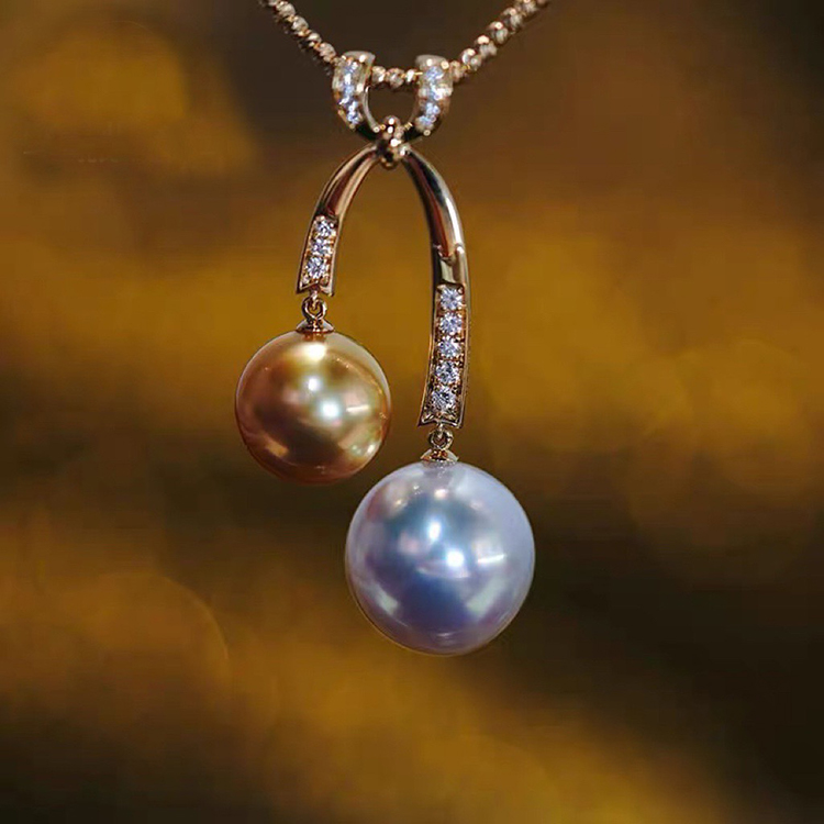 18K金锆石10-12mm海水珍珠吊坠配件双珠蝴蝶结丝带款圆形裸珠空托