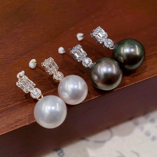 18k金锆石8-11mm海水珍珠耳钉配件时尚高级戴妃款圆形裸珠diy空托