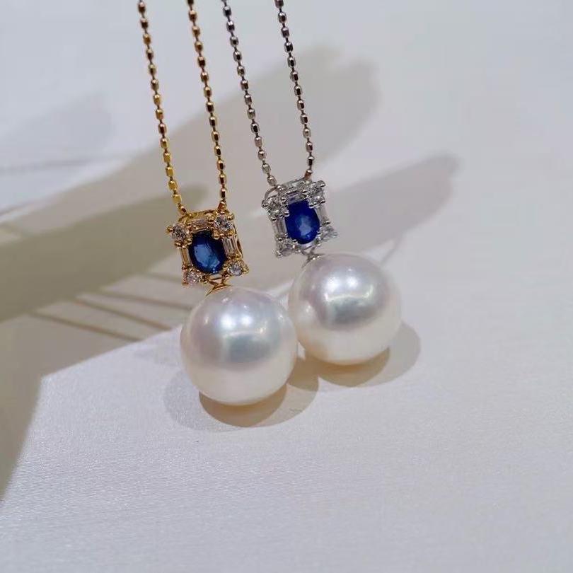 18k金锆石-12mm淡水珍珠吊坠配件搭配天然椭圆蓝宝简约百搭空托