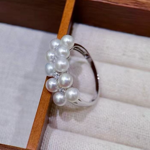 18k金锆石4-5mm淡水珍珠戒指配件经典多珠双排设计圆形裸珠空托