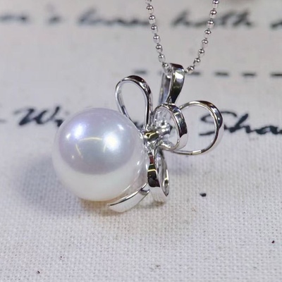 铂金PT900光板10-11mm海水珍珠吊坠配件绝美丝带蝴蝶结裸珠空托