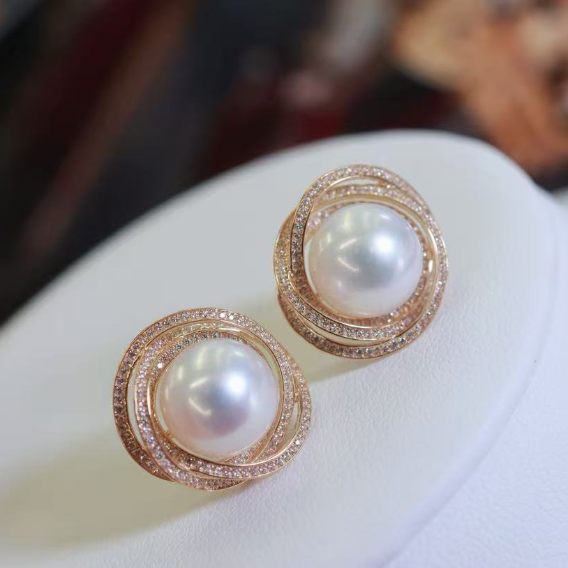 18k金锆石10-11mm淡水珍珠耳钉配件几何环绕设计裸珠耳环底托空托