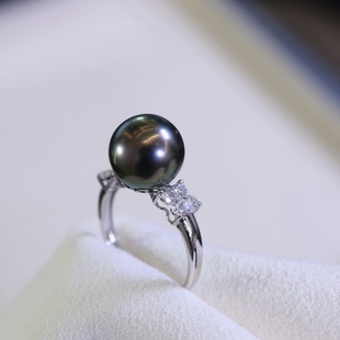 PT900铂金钻石配件10-11mm海水珍珠DIY戒指空托遮瑕百搭四叶草款
