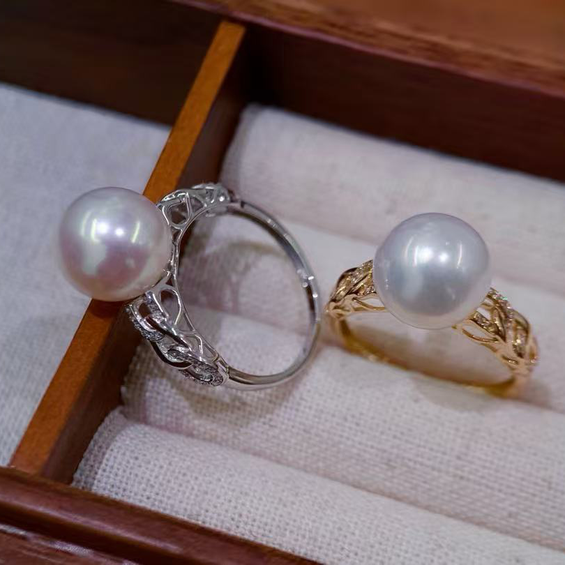 18k金锆石10-11mm淡水珍珠戒指配件时尚链条设计圆形裸珠diy戒托