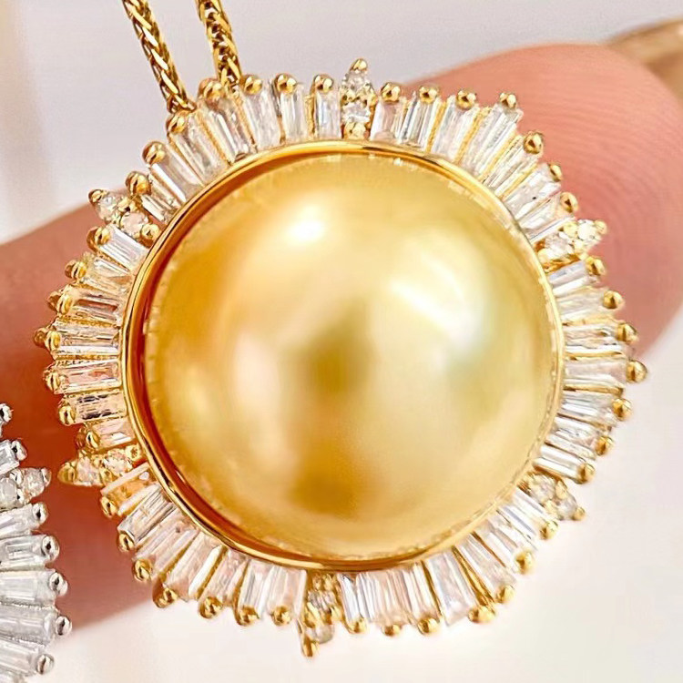 18k黄金色钻石12-13MM海水珍珠吊坠配件满钻太阳花正圆裸珠白金托