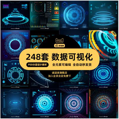 蓝色科技感数据可视化Bi大屏图表展示模板深色UI界面PSD设计素材