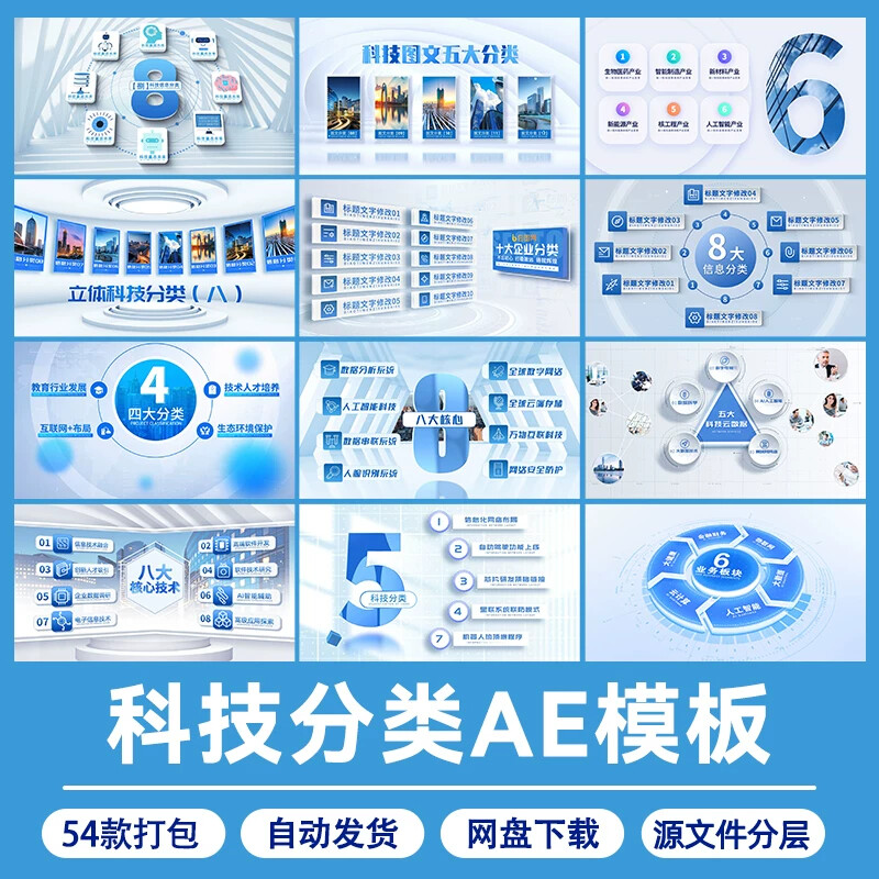 .简洁大气蓝色科技项目图文分类展示企业架构AE模板视频素材代做