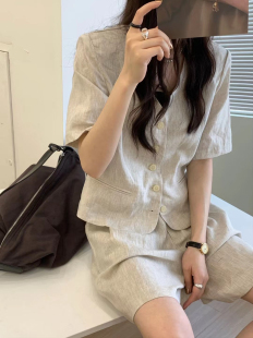 亚麻小西装高腰短裤套装女夏季薄款韩版休闲棉麻西服套装
