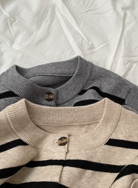 December/可以跨三季穿的实用日系针织小开衫 条纹短款内搭毛衣女