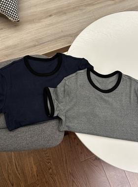 sea blue/夏季新款韩代款洋气撞色领弹力正肩显瘦短袖T恤