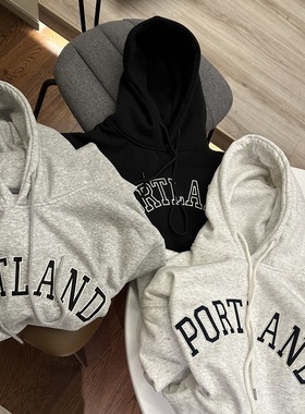 portland/美式复古刺绣连帽加绒卫衣女 宽松百搭字母加厚帽衫 秋