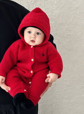 ins韩版宝宝春装针织红色连体衣洋气喜庆过年服外出爬服婴儿衣服