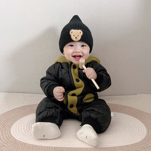 韩版 夹棉加厚连体衣超洋气外出保暖加绒棉服外套婴儿衣服 宝宝冬装