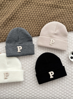 ins春秋宝宝毛线帽子0-3岁超洋气百搭P字母针织婴儿帽子儿童帽潮