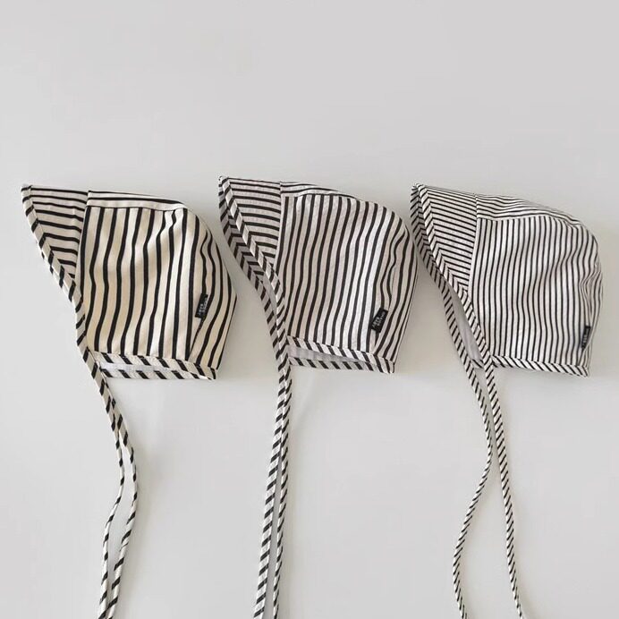 ins韩国婴儿帽子春季男女宝宝条纹防晒宫廷帽透气双层飞机系带帽