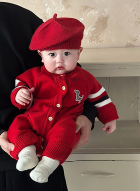 韩版春装宝宝针织连体衣时髦洋气哈衣过年新年红色爬服婴儿衣服潮