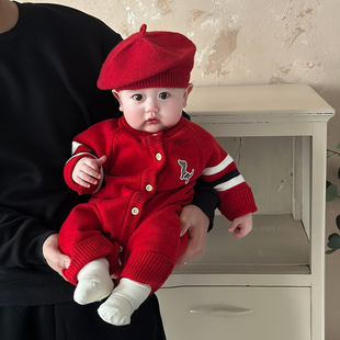 韩版春装宝宝针织连体衣时髦洋气哈衣过年新年红色爬服婴儿衣服潮