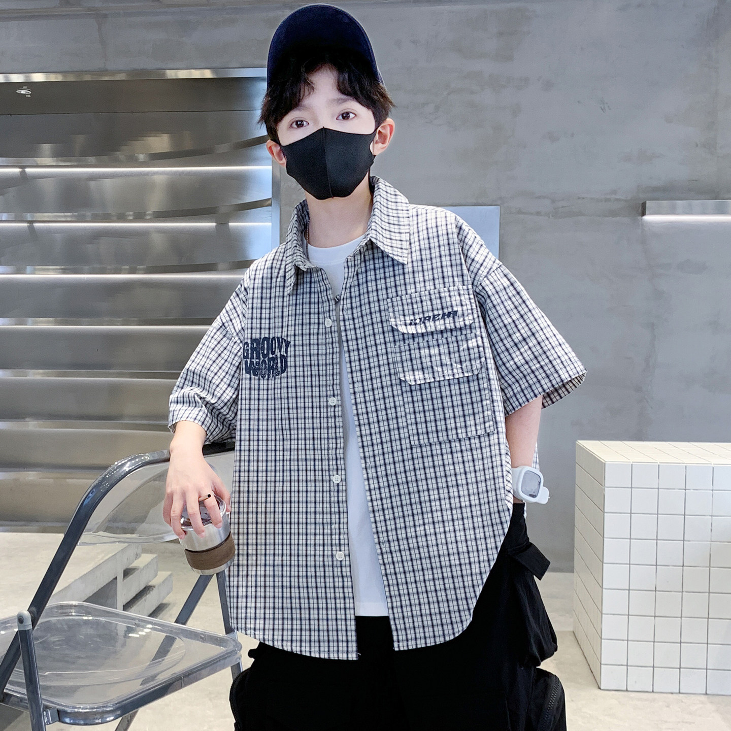 男童夏季格子短袖衬衫2026年新款中大童儿童薄款翻领上衣衬衣外套