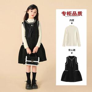 女童小香风连衣裙秋冬款2025新款洋气儿童公主裙黑色女孩裙子套装