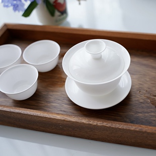 潮州骨瓷盖碗三才碗工夫茶碗薄胎茶碗茶杯 纯白高骨 三杯单丛陶瓷