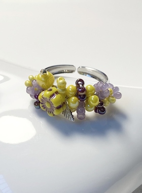 捷克琉璃复古黄紫色系花朵手工串珠开口戒指 指环 原创小众设计