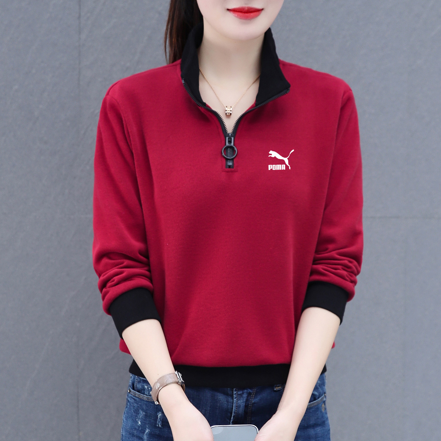 奥莱专柜时尚半拉链立领卫衣女士春秋季新款休闲简约大码长袖上衣