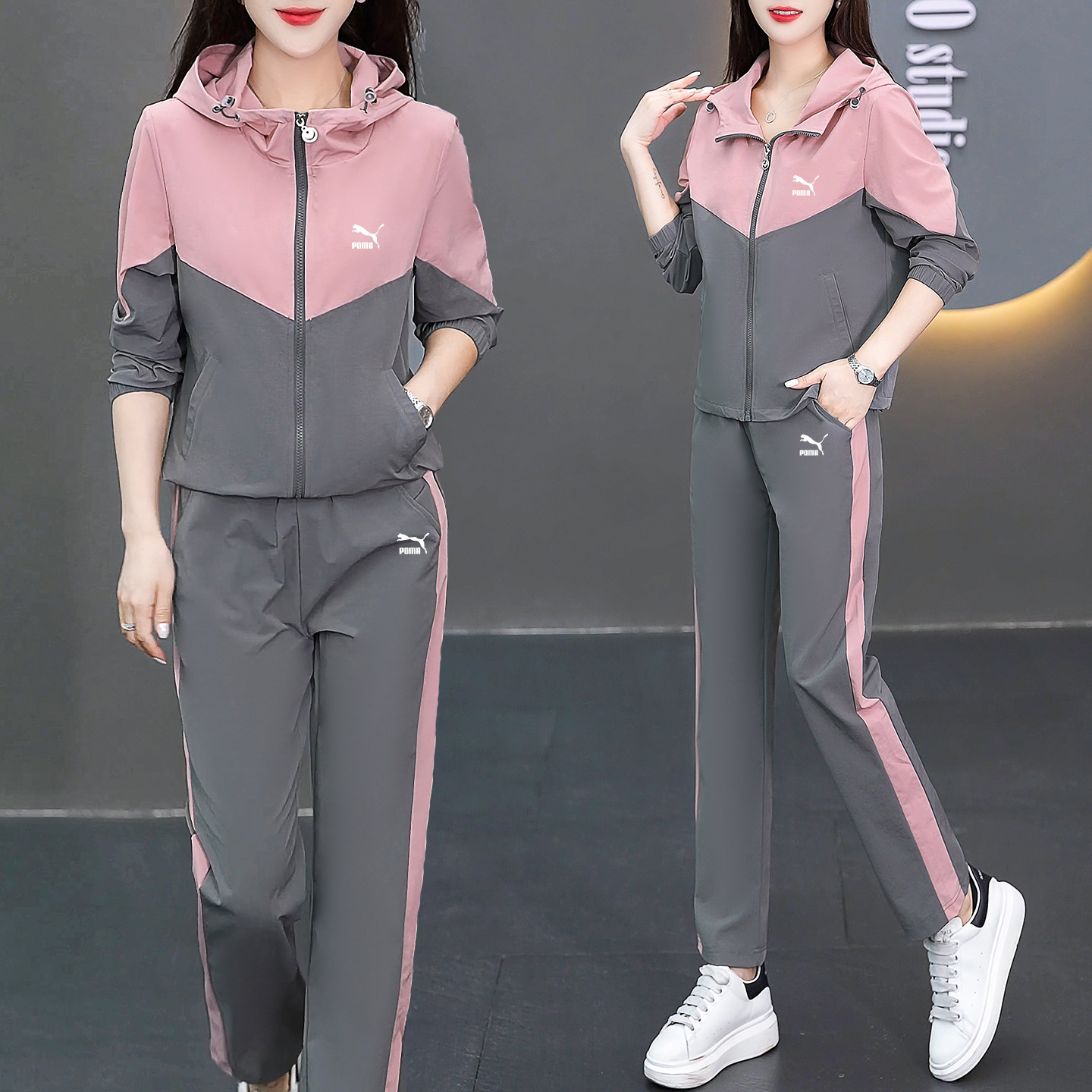 奥莱专柜时尚运动两件套女士春秋季休闲透气舒适连帽登山跑步套装