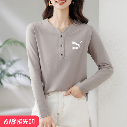 奥莱专柜爆款长袖纯棉t恤女士春秋季新款大码修身减龄V领上衣