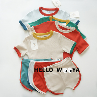 22sNEW春夏新款fv同款男女儿童拼色高品质短袖幼儿园T恤短裤套装