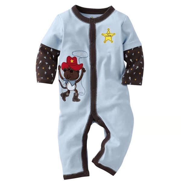 春秋婴儿小猴子假两件前开扣长袖长裤连体哈衣婴儿哈衣爬服睡衣