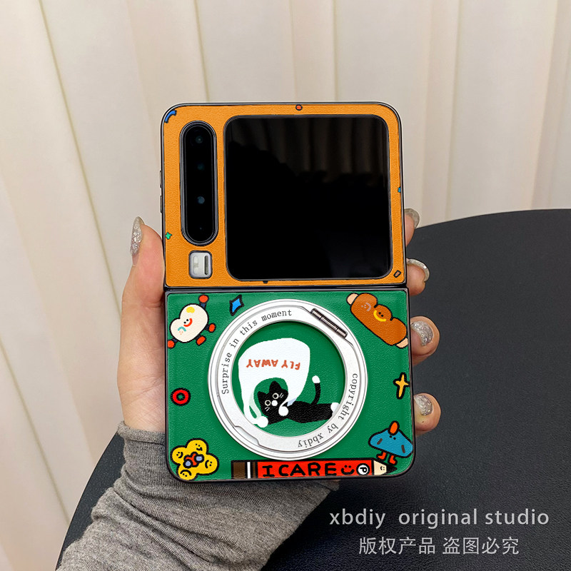 袋子黑猫360度旋转支架适用三星Zflip7折叠屏Purax手机壳华为Pocket2/s小米Mixflip2保护套荣耀Magicvflip女