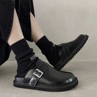 个性潮款半拖德比勃肯鞋男黑色真皮厚底外穿防滑懒人简约包头拖鞋