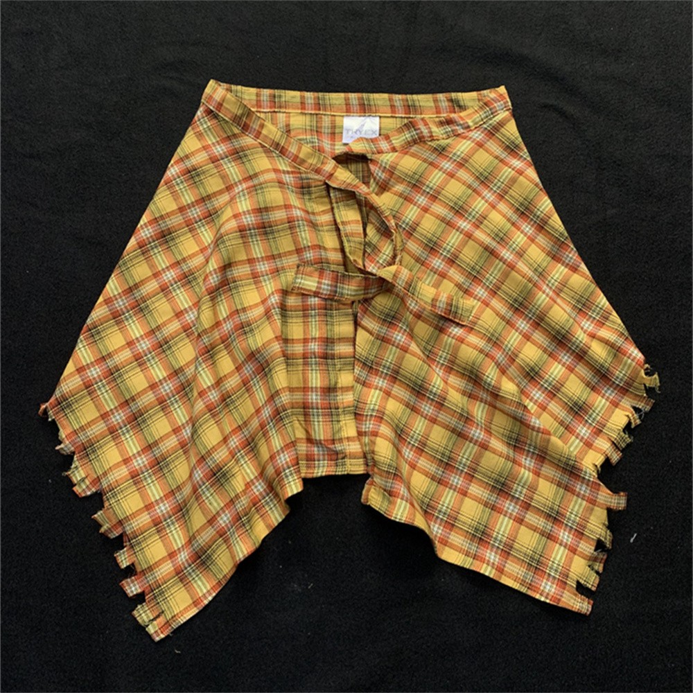 美式复古黄色格子半身裙叠穿屁帘腰封配裙不规则短裙女2025新款冬