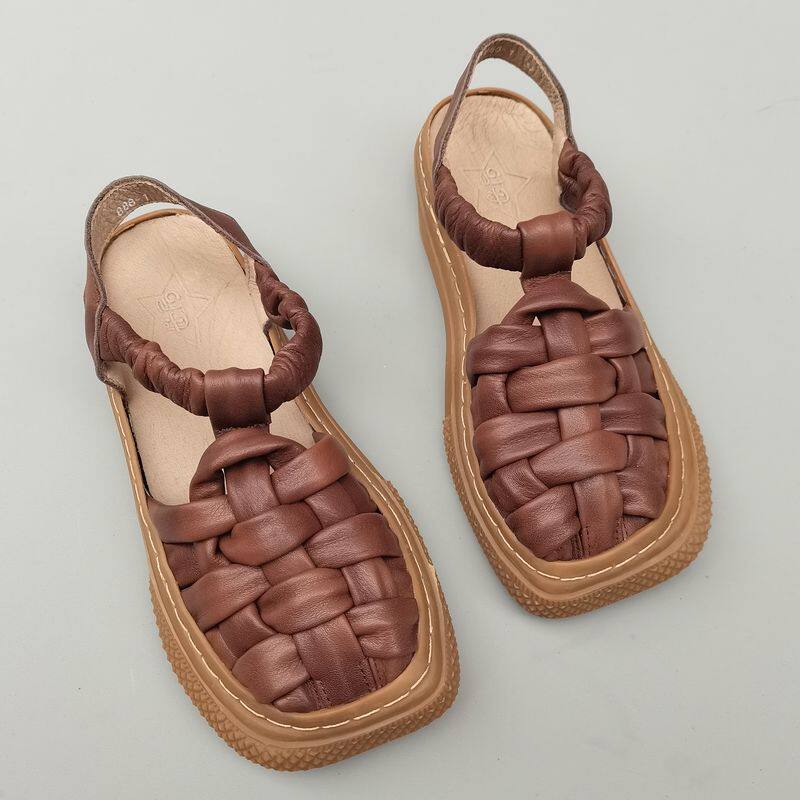 真皮纯牛皮女凉鞋外贸大头宽胖脚复古罗马风平软厚底编织凉鞋夏季